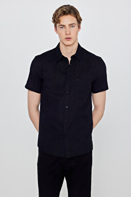 Regular Fit Normal Kesim Kısa Kollu Düğmeli Yaka Keten Gömlek - Black-W5J7LO100