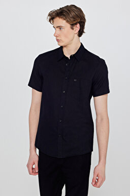 Regular Fit Normal Kesim Kısa Kollu Düğmeli Yaka Keten Gömlek - Black-W5J7LO100 (görsel 2)