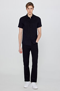Regular Fit Normal Kesim Kısa Kollu Düğmeli Yaka Keten Gömlek - Black-W5J7LO100 (görsel 3)