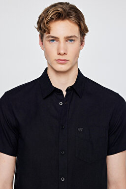 Regular Fit Normal Kesim Kısa Kollu Düğmeli Yaka Keten Gömlek - Black-W5J7LO100 (görsel 4)
