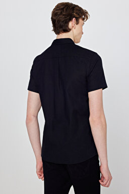 Regular Fit Normal Kesim Kısa Kollu Düğmeli Yaka Keten Gömlek - Black-W5J7LO100 (görsel 5)