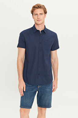Regular Fit Normal Kesim Kısa Kollu Düğmeli Yaka Keten Gömlek - Navy-W5J7LO114