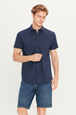 Regular Fit Normal Kesim Kısa Kollu Düğmeli Yaka Keten Gömlek - Navy-W5J7LO114 (görsel 2)