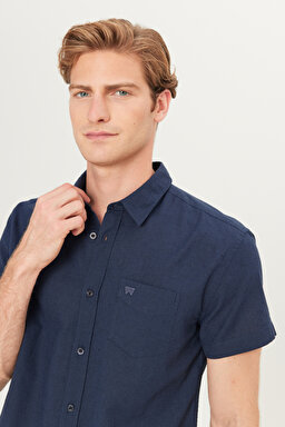 Regular Fit Normal Kesim Kısa Kollu Düğmeli Yaka Keten Gömlek - Navy-W5J7LO114 (görsel 4)