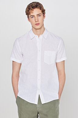 Regular Fit Normal Kesim Kısa Kollu Düğmeli Yaka Keten Gömlek - White-W5J7LO989