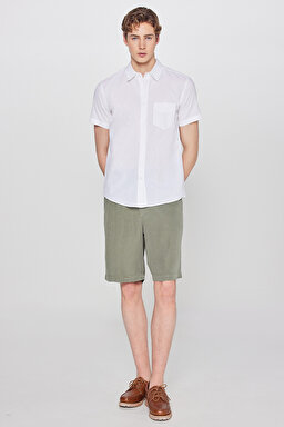 Regular Fit Normal Kesim Kısa Kollu Düğmeli Yaka Keten Gömlek - White-W5J7LO989 (görsel 3)