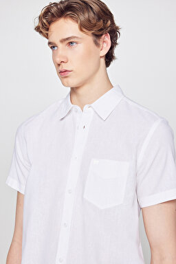 Regular Fit Normal Kesim Kısa Kollu Düğmeli Yaka Keten Gömlek - White-W5J7LO989 (görsel 4)