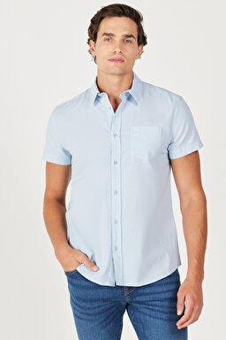 Regular Fit Normal Kesim Kısa Kollu Düğmeli Yaka Keten Gömlek - Cerulean Blue-W5J7LOXVT