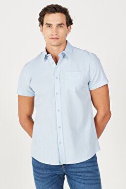 Regular Fit Normal Kesim Kısa Kollu Düğmeli Yaka Keten Gömlek - Cerulean Blue-W5J7LOXVT (görsel 2)