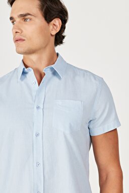 Regular Fit Normal Kesim Kısa Kollu Düğmeli Yaka Keten Gömlek - Cerulean Blue-W5J7LOXVT (görsel 3)