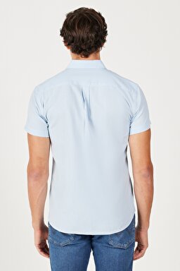 Regular Fit Normal Kesim Kısa Kollu Düğmeli Yaka Keten Gömlek - Cerulean Blue-W5J7LOXVT (görsel 5)