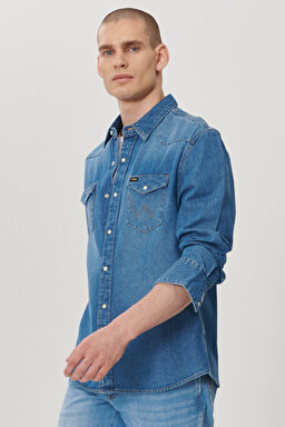 Slim Fit Dar Kesim Denim Gömlek - Mid Blue-W5MSLW922 (görsel 2)