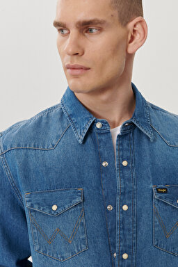 Slim Fit Dar Kesim Denim Gömlek - Mid Blue-W5MSLW922 (görsel 3)