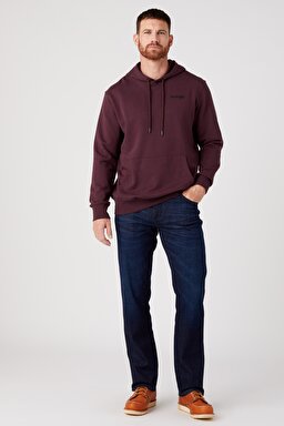 Oversize Fit Rahat Kesim %100 Pamuk Kapüşonlu Yaka Bordo Sweatshirt - Aubergine-W643ILXU1 (görsel 4)