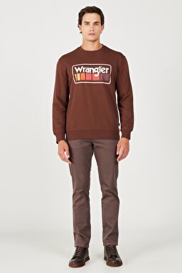Regular Fit Normal Kesim %100 Pamuk İçi Polarlı Kahverengi Sweatshirt - Potting Soil-W646H1H44 (görsel 4)