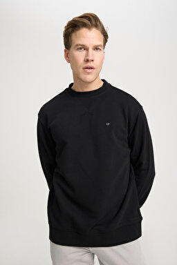 Regular Fit Normal Kesim Bisiklet Yaka %100 Pamuk Siyah Sweatshirt - Black-W661205543471 (görsel 2)