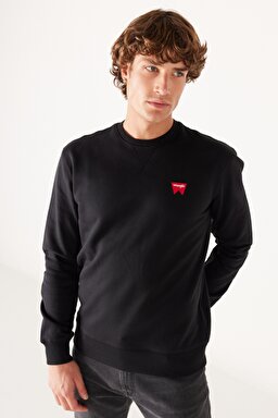 Regular Fit Normal Kesim %100 Pamuk Bisiklet Yaka Siyah Sweatshirt - Black-W661HA100 (görsel 3)