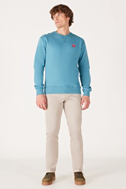 Regular Fit Normal Kesim %100 Pamuk İçi Polarlı Mavi Sweatshirt - Storm Blue-W661HA33B (görsel 4)