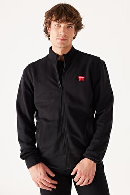 Regular Fit Normal Kesim %100 Pamuk Dik Yaka Fermuarlı Siyah Sweatshirt Ceket - Real Black-W663I3101
