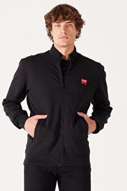 Regular Fit Normal Kesim %100 Pamuk Dik Yaka Fermuarlı Siyah Sweatshirt Ceket - Real Black-W663I3101 (görsel 2)