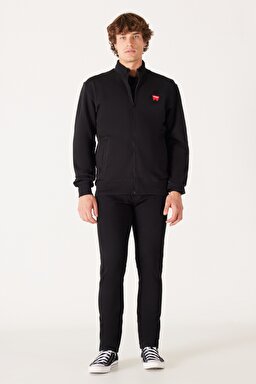 Regular Fit Normal Kesim %100 Pamuk Dik Yaka Fermuarlı Siyah Sweatshirt Ceket - Real Black-W663I3101 (görsel 4)