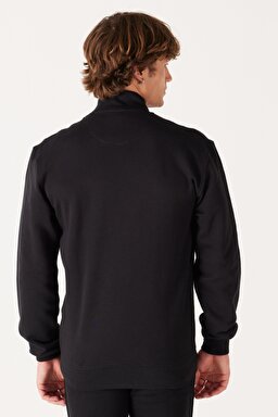 Regular Fit Normal Kesim %100 Pamuk Dik Yaka Fermuarlı Siyah Sweatshirt Ceket - Real Black-W663I3101 (görsel 5)