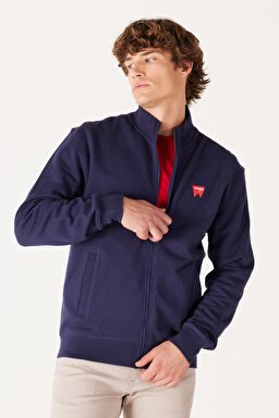 Regular Fit Normal Kesim %100 Pamuk Dik Yaka Fermuarlı Lacivert Sweatshirt Ceket - Real Navy-W663I3XW4 (görsel 2)