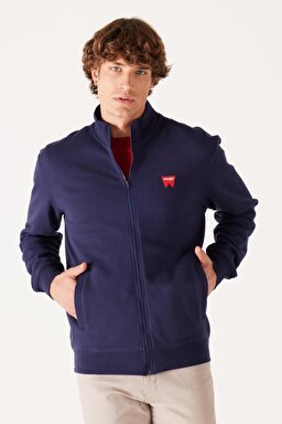 Regular Fit Normal Kesim %100 Pamuk Dik Yaka Fermuarlı Lacivert Sweatshirt Ceket - Real Navy-W663I3XW4 (görsel 3)