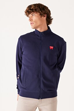 Regular Fit Normal Kesim %100 Pamuk Dik Yaka Fermuarlı Lacivert Sweatshirt Ceket - Real Navy-W663I3XW4 (görsel 4)