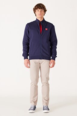 Regular Fit Normal Kesim %100 Pamuk Dik Yaka Fermuarlı Lacivert Sweatshirt Ceket - Real Navy-W663I3XW4 (görsel 5)