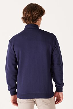 Regular Fit Normal Kesim %100 Pamuk Dik Yaka Fermuarlı Lacivert Sweatshirt Ceket - Real Navy-W663I3XW4 (görsel 6)