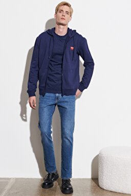 Regular Fit Normal Kesim %100 Pamuk Kapüşonlu Şardonlu Sweatshirt - Navy-W664HA114 (görsel 4)