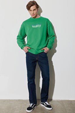 Regular Fit Normal Kesim %100 Pamuk Bisiklet Yaka Yeşil Sweatshirt - Leprechaun Green-W676I4G30 (görsel 5)