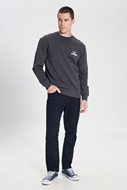 Regular Fit Normal Kesim Bisiklet Yaka %100 Pamuk Antrasit Sweatshirt - Faded Black-W6895935355 (görsel 5)
