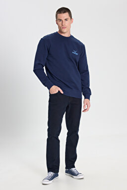 Regular Fit Normal Kesim Bisiklet Yaka %100 Pamuk Lacivert Sweatshirt - Navy-W6895935358 (görsel 3)