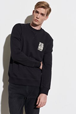 Regular Fit Normal Kesim %100 Pamuk Bisiklet Yaka Siyah Sweatshirt - Faded Black-W6D8HAXV6 (görsel 3)