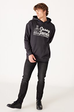 Loose Fit Rahat Kesim %100 Pamuk İçi Polarlı Koyu Gri Sweatshirt - Faded Black-W6H6I3XV6 (görsel 3)