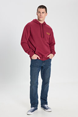 Relaxed Fit Geniş Kesim Kapüşonlu %100 Pamuk Bordo Sweatshirt - Wine-W6M95935810 (görsel 3)