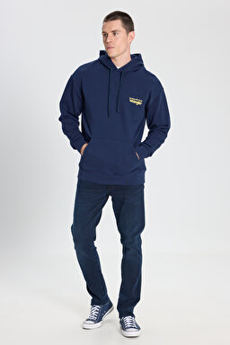 Relaxed Fit Geniş Kesim Kapüşonlu %100 Pamuk Lacivert Sweatshirt - Navy-W6M95935829 (görsel 4)