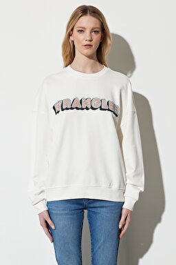 Regular Fit Normal Kesim %100 Pamuk Bisiklet Yaka Beyaz Sweatshirt - White-W6R4HA989 (görsel 2)