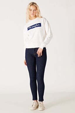 Relaxed Fit Geniş Kesim %100 Pamuk Bisiklet Yaka Beyaz Sweatshirt - Worn White-W6V0IQW02 (görsel 5)
