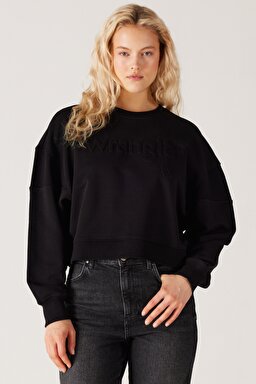 Relaxed Fit Geniş Kesim %100 Pamuk Siyah Sweatshirt - Black-W6Y2IQ001 (görsel 4)