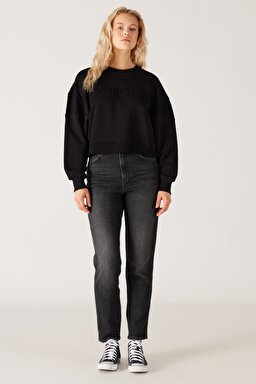 Relaxed Fit Geniş Kesim %100 Pamuk Siyah Sweatshirt - Black-W6Y2IQ001 (görsel 6)