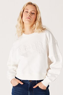 Relaxed Fit Geniş Kesim %100 Pamuk Bisiklet Yaka Beyaz Sweatshirt - Worn White-W6Y2IQW02