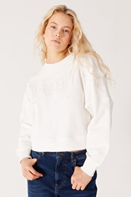 Relaxed Fit Geniş Kesim %100 Pamuk Bisiklet Yaka Beyaz Sweatshirt - Worn White-W6Y2IQW02 (görsel 2)