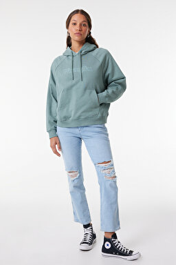 Relaxed Fit Geniş Kesim %100 Pamuk Kapüşonlu Yeşil Sweatshirt - Light Matcha-W6Z6IQG62 (görsel 2)
