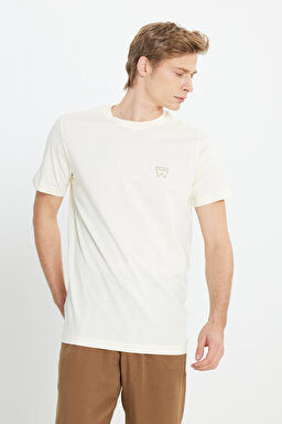 Regular Fit Normal Kesim Bisiklet Yaka %100 Pamuk Bej Tişört - Papyrus-W70MD3XME (görsel 2)