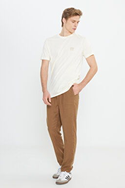 Regular Fit Normal Kesim Bisiklet Yaka %100 Pamuk Bej Tişört - Papyrus-W70MD3XME (görsel 3)