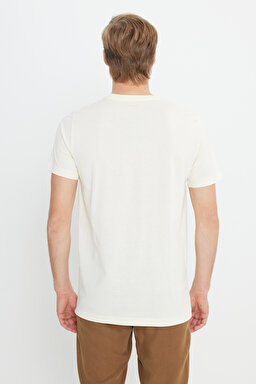 Regular Fit Normal Kesim Bisiklet Yaka %100 Pamuk Bej Tişört - Papyrus-W70MD3XME (görsel 5)