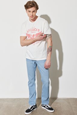 Regular Fit Normal Kesim %100 Pamuk Bisiklet Yaka Kırık Beyaz Tişört - Off White-W752D3737 (görsel 4)